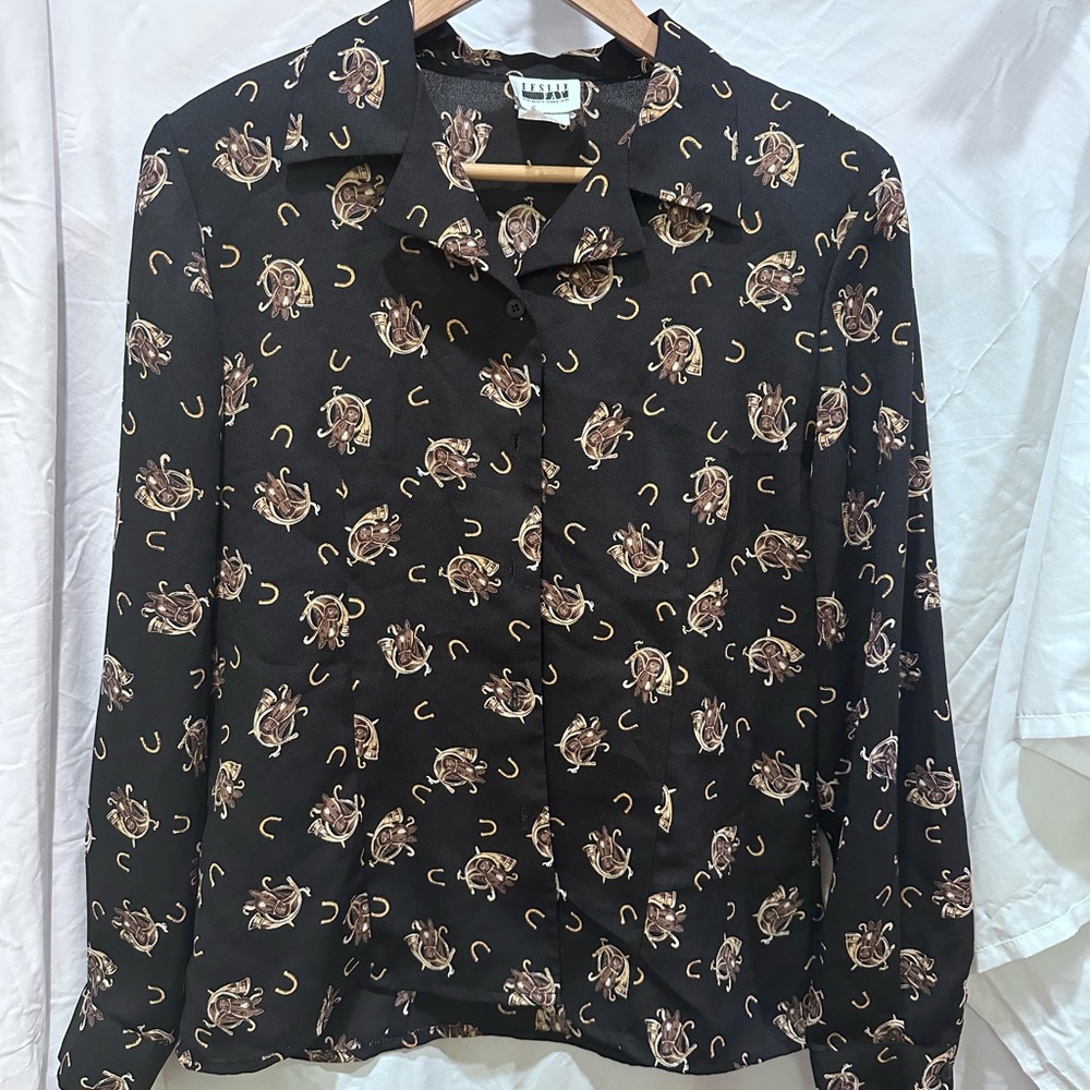 Horse print VINTAGE Leslie Fay blouse, with shoulder pads, Sz 10